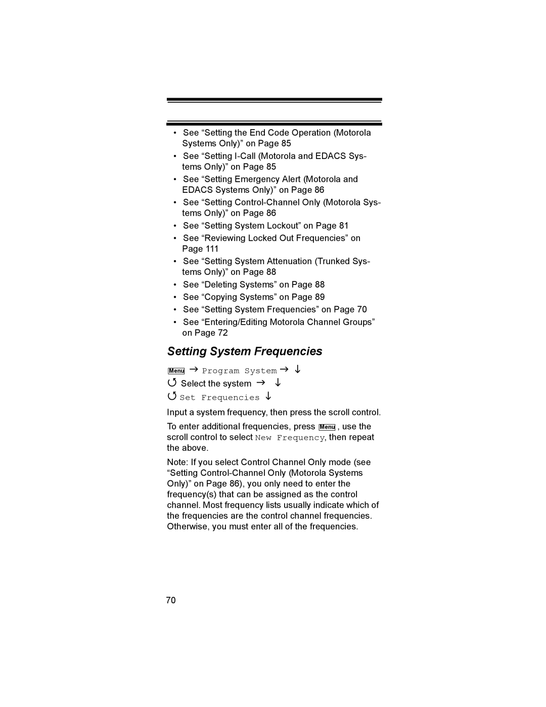 Uniden BR330T owner manual Setting System Frequencies, Set Frequencies 