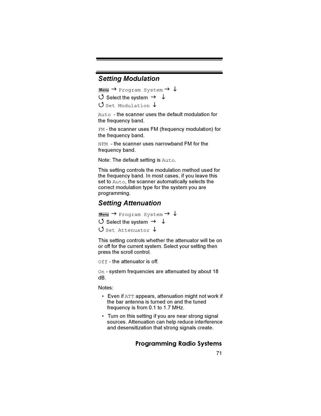 Uniden BR330T owner manual Setting Modulation, Setting Attenuation, Set Modulation 