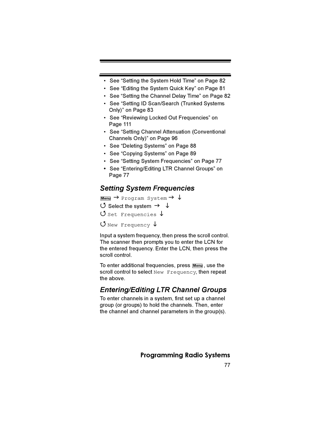 Uniden BR330T owner manual Setting System Frequencies, Entering/Editing LTR Channel Groups 