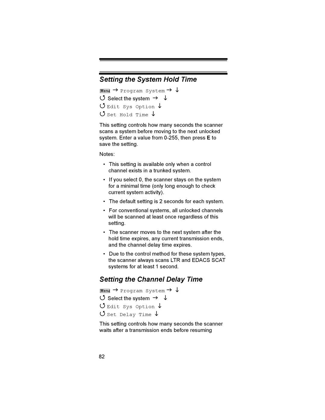 Uniden BR330T owner manual Setting the System Hold Time, Setting the Channel Delay Time, Edit Sys Option Set Hold Time 