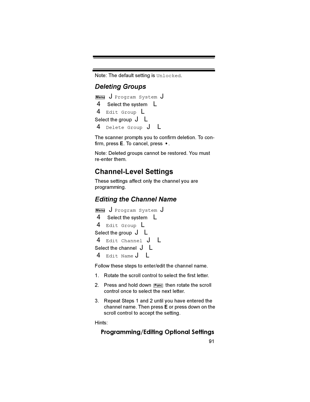 Uniden BR330T owner manual Channel-Level Settings, Deleting Groups, Editing the Channel Name, Delete Group 