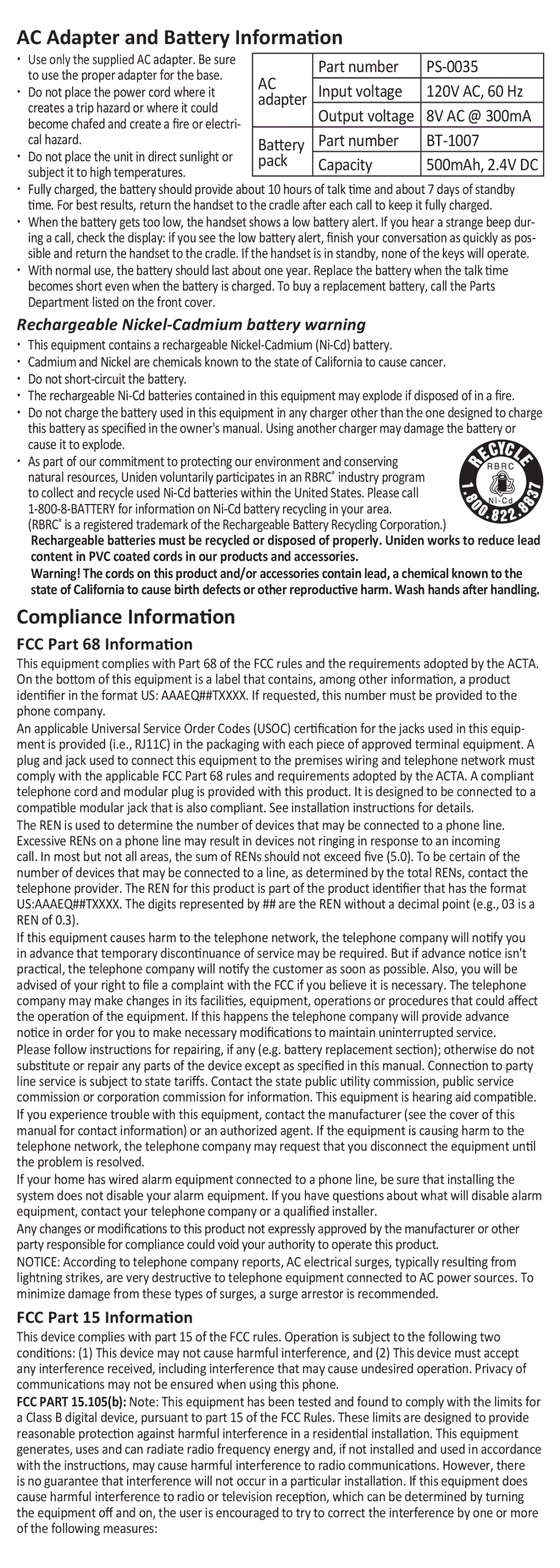 Uniden BT-1007 AC Adapter and Battery Information, Compliance Information, Rechargeable Nickel-Cadmium battery warning 