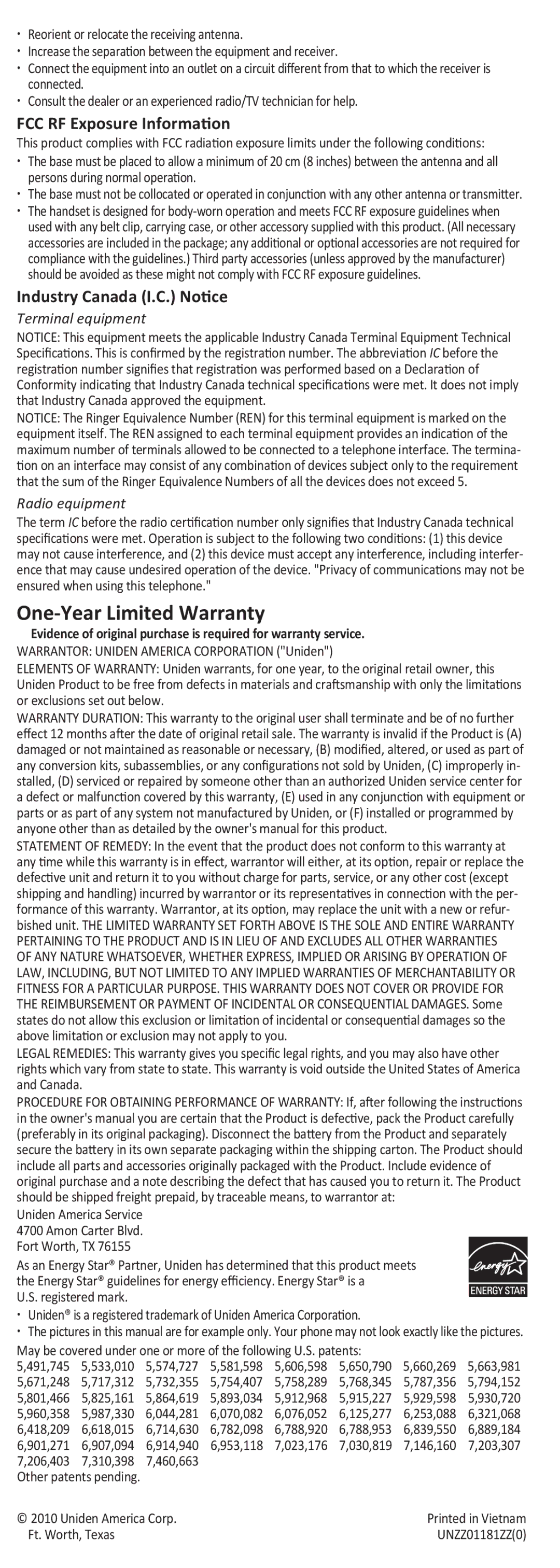 Uniden BT-1007 manual One-Year Limited Warranty, FCC RF Exposure Information, Industry Canada I.C. Notice 