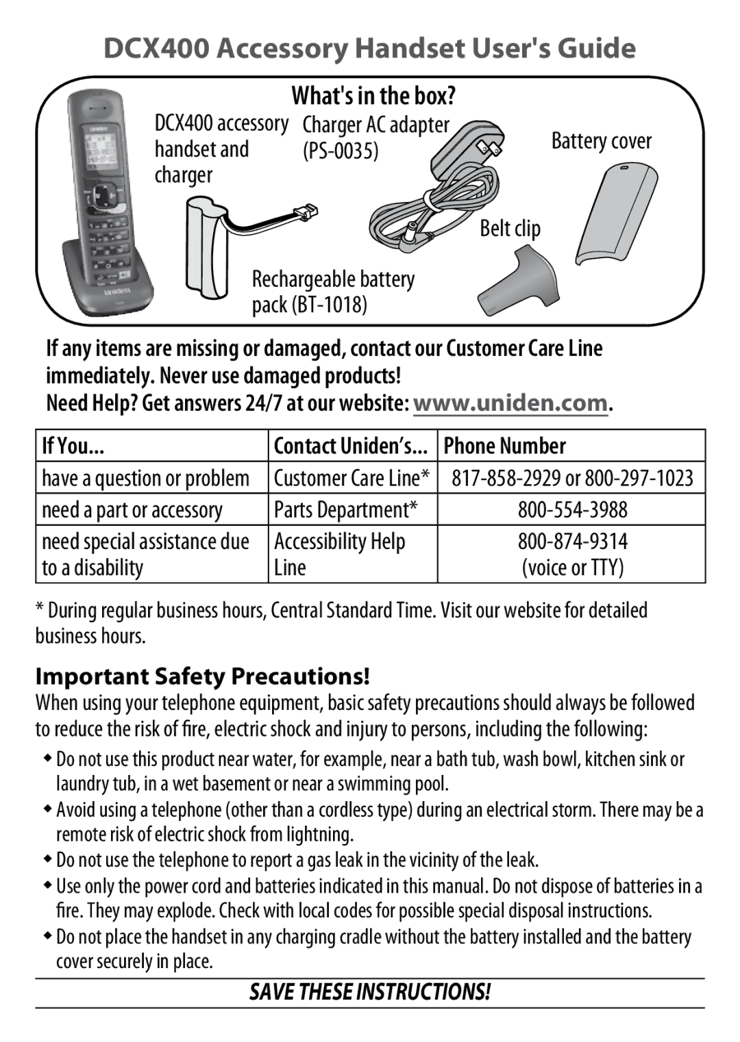 Uniden BT-1018 manual DCX400 Accessory Handset Users Guide, If You, Phone Number, Important Safety Precautions 