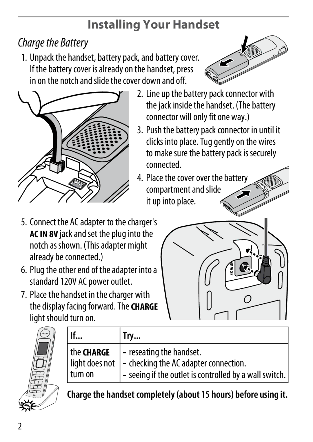 Uniden BT-1018 manual Installing Your Handset, Charge the Battery, Try 