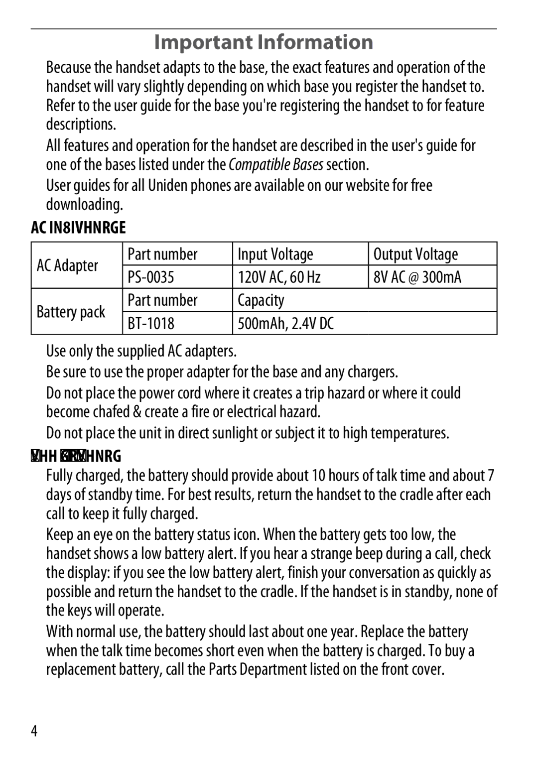 Uniden manual Important Information, Specifications, Part number Capacity BT-1018,  Use only the supplied AC adapters 