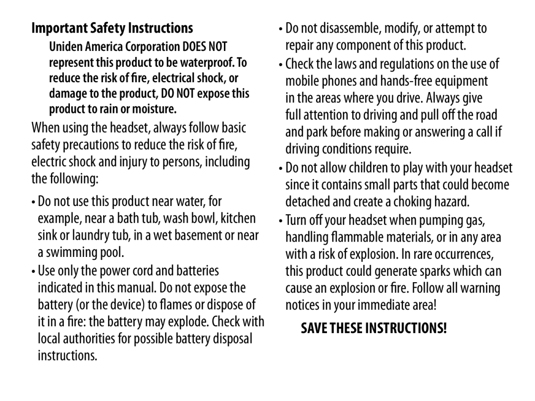 Uniden BT109 manual Important Safety Instructions, Turn off your headset when pumping gas 