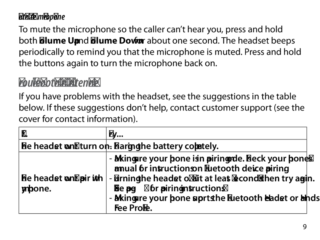 Uniden BT109 Muting the microphone, Try, Charging the battery completely, My phone See page 4 for pairing instructions 