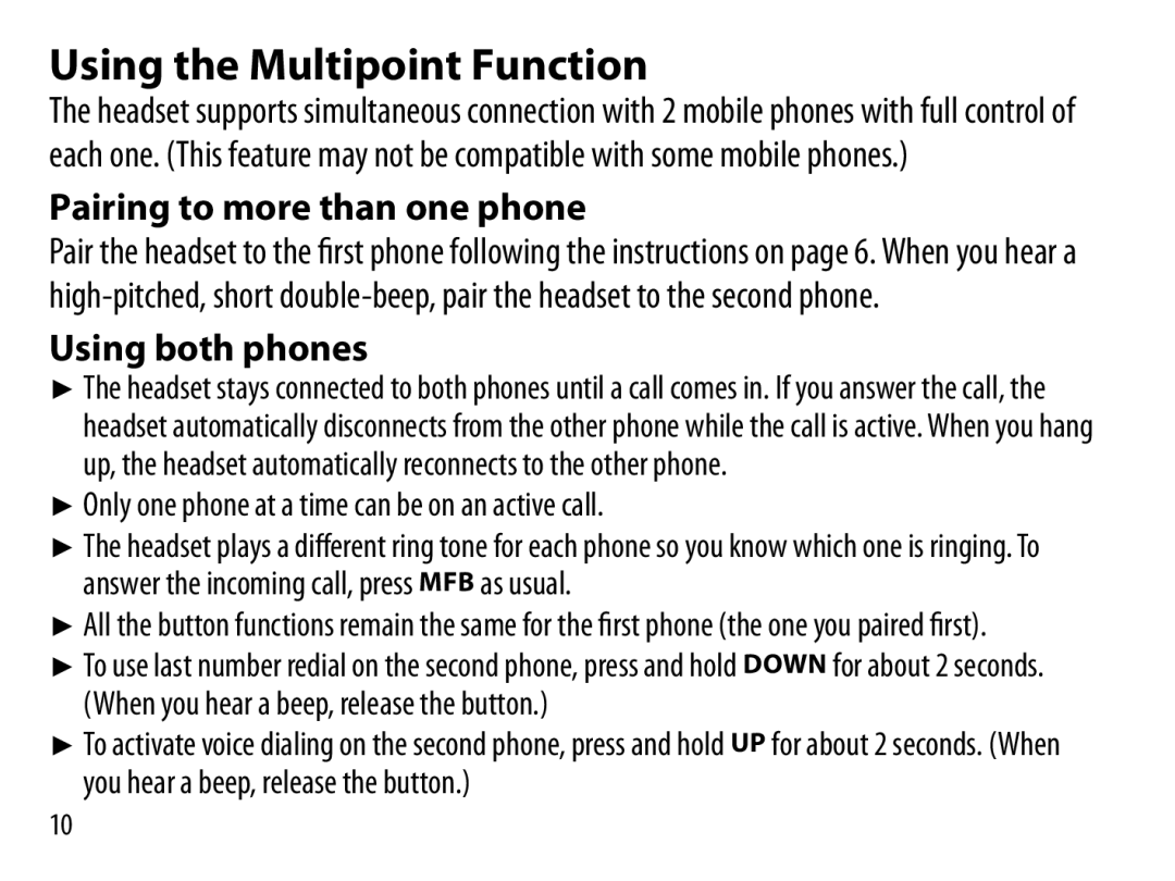 Uniden BT229 manual Using the Multipoint Function, Pairing to more than one phone, Using both phones 