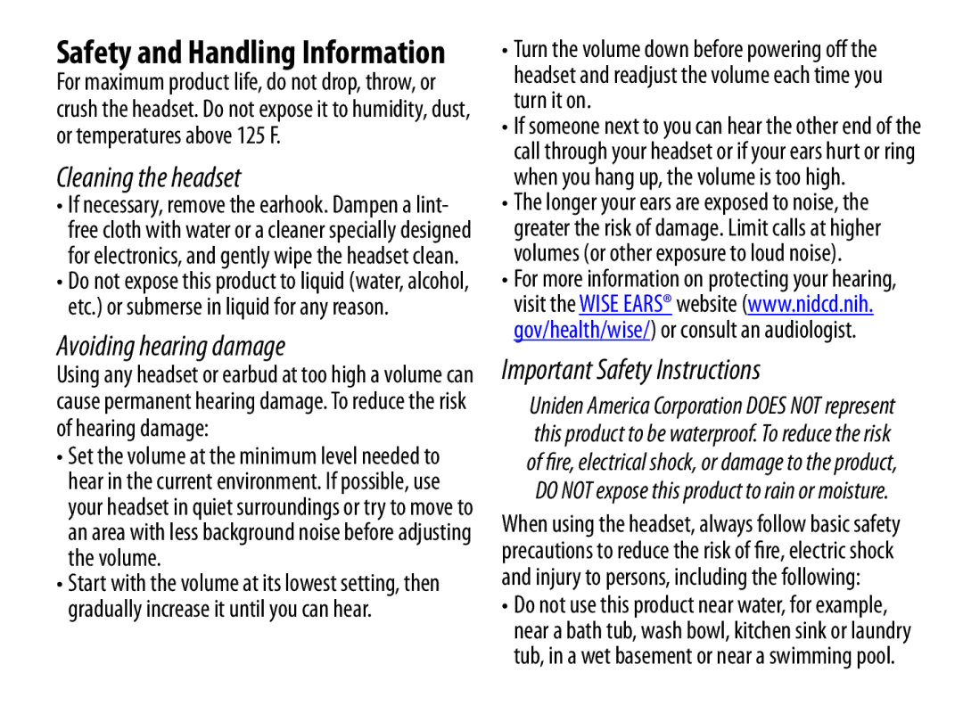 Uniden BT229 manual Cleaning the headset, Safety and Handling Information 