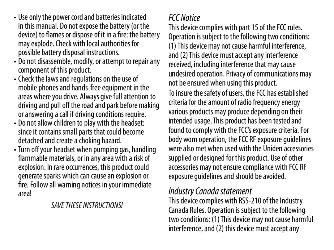 Uniden BT229 manual FCC Notice 