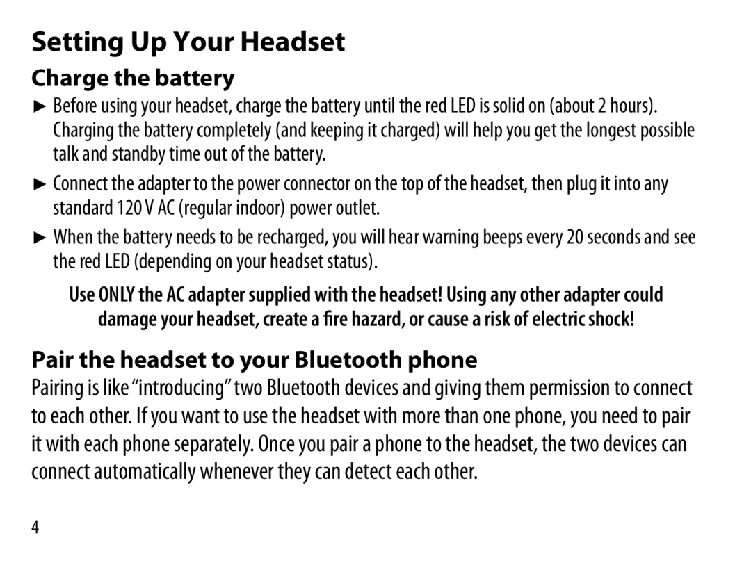 Uniden BT229 manual Setting Up Your Headset, Charge the battery, Pair the headset to your Bluetooth phone 