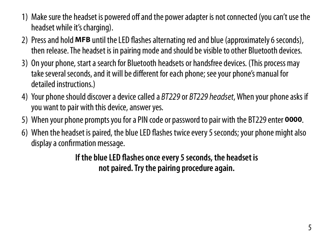 Uniden BT229 manual Not paired. Try the pairing procedure again 