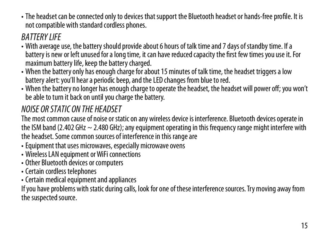 Uniden BT230 manual Battery life, Noise or Static on the Headset 