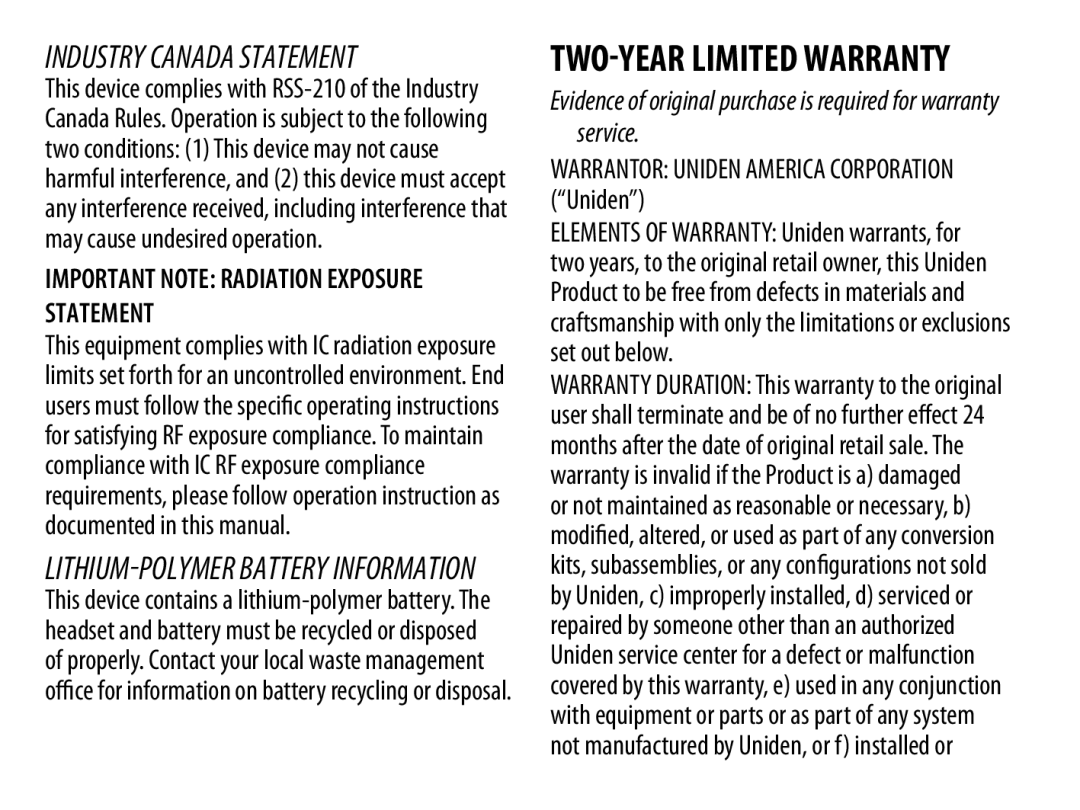 Uniden BT230 manual Industry Canada statement, Important Note Radiation Exposure Statement 