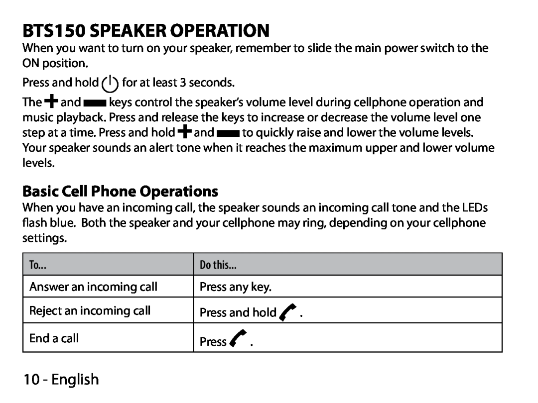 Uniden manual BTS150 SPEAKER OPERATION, Basic Cell Phone Operations, English 