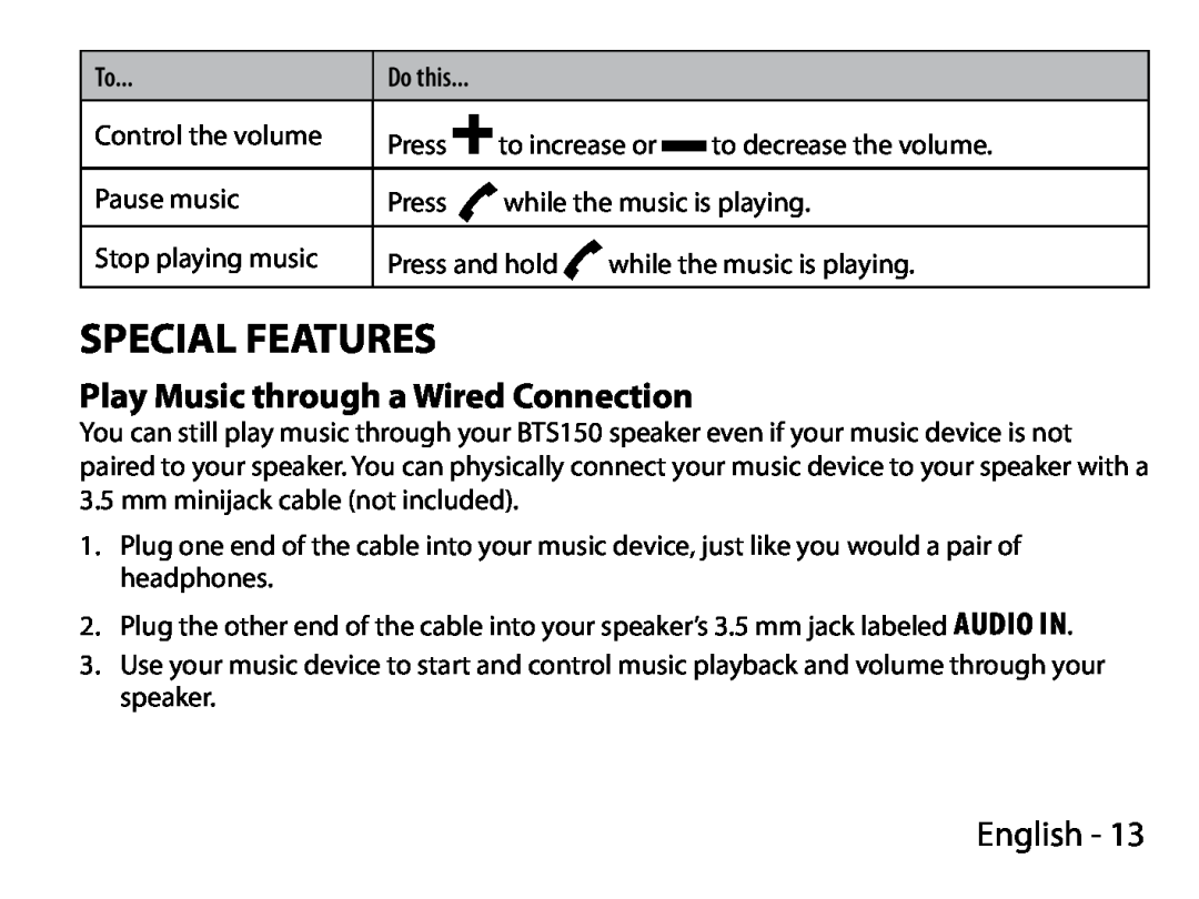 Uniden BTS150 manual Special Features, Play Music through a Wired Connection, English 