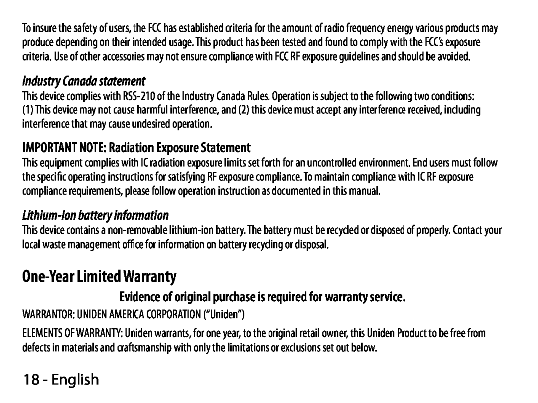 Uniden BTS150 One-YearLimited Warranty, English, Industry Canada statement, IMPORTANT NOTE: Radiation Exposure Statement 