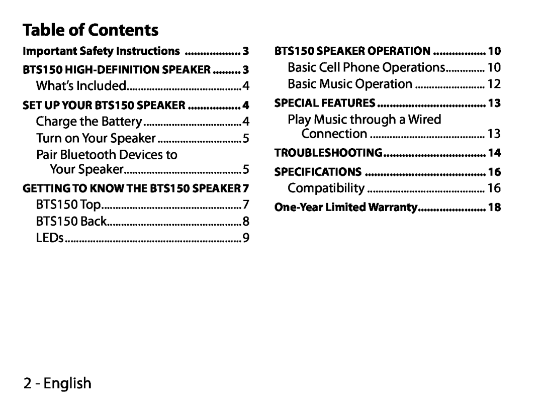 Uniden BTS150 manual Table of Contents, English, Play Music through a Wired, Basic Cell Phone Operations 