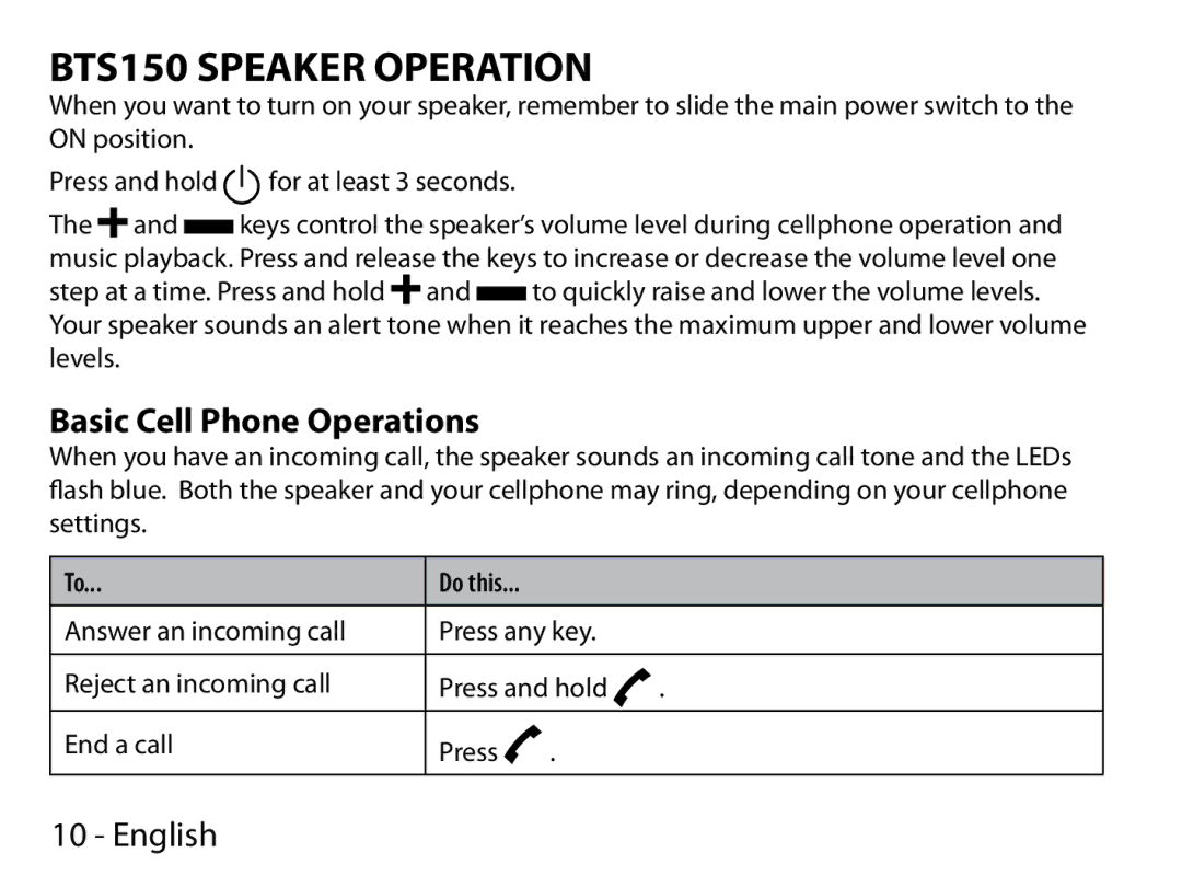 Uniden manual BTS150 Speaker Operation, Basic Cell Phone Operations 