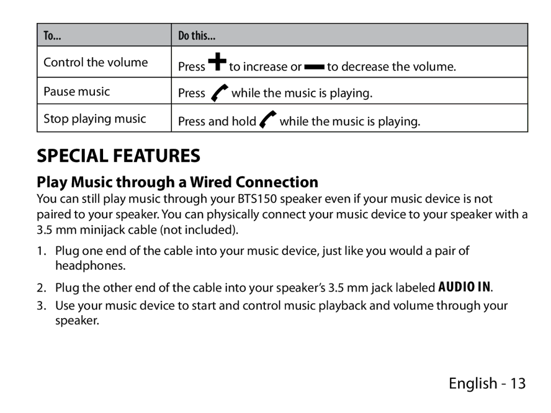 Uniden BTS150 manual Special Features, Play Music through a Wired Connection 