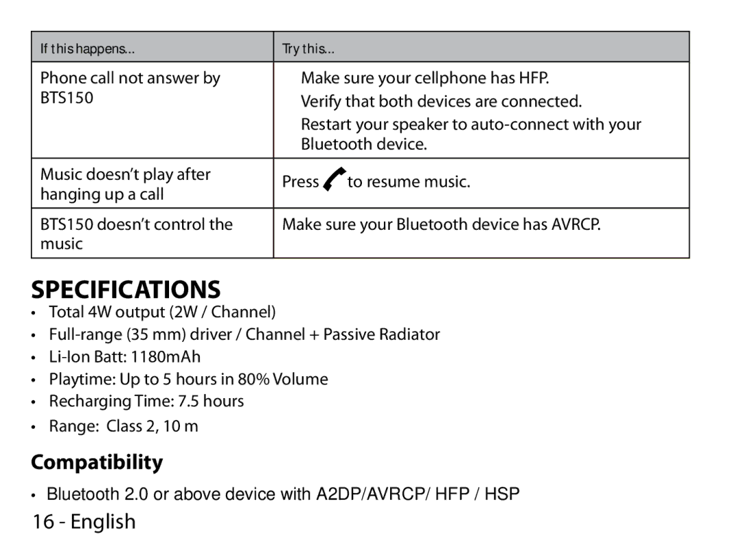 Uniden BTS150 manual Specifications, Compatibility 