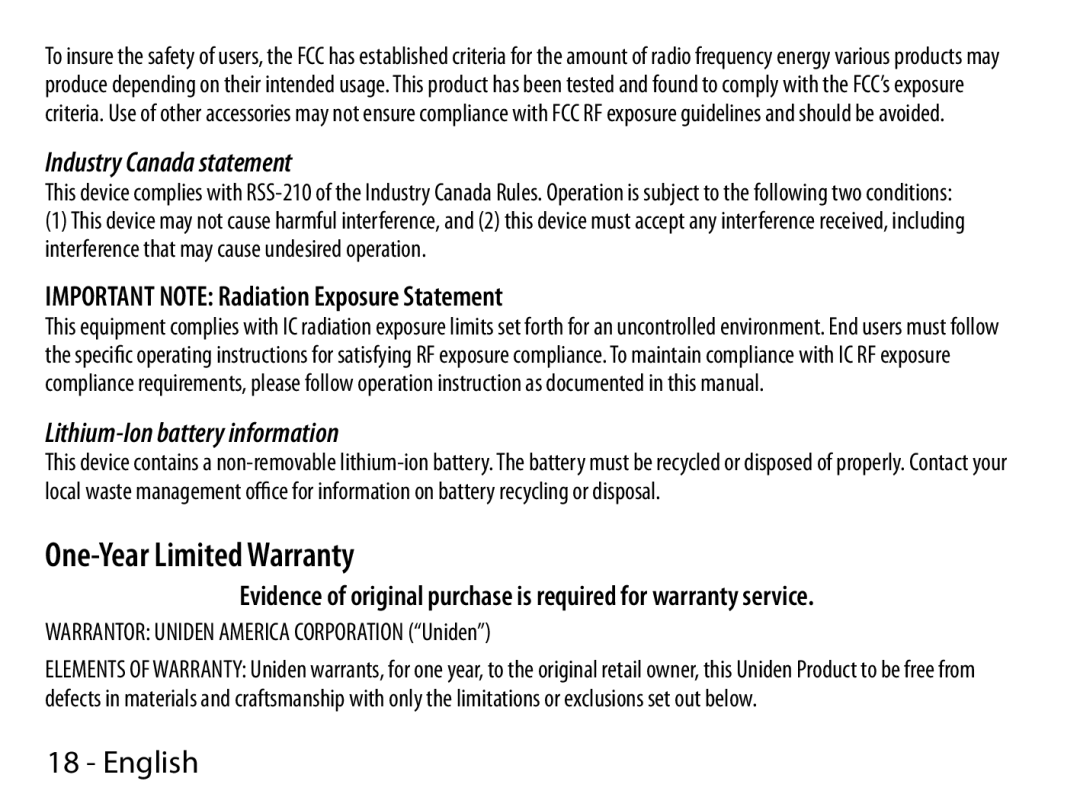 Uniden BTS150 manual Industry Canada statement, Lithium-Ion battery information 