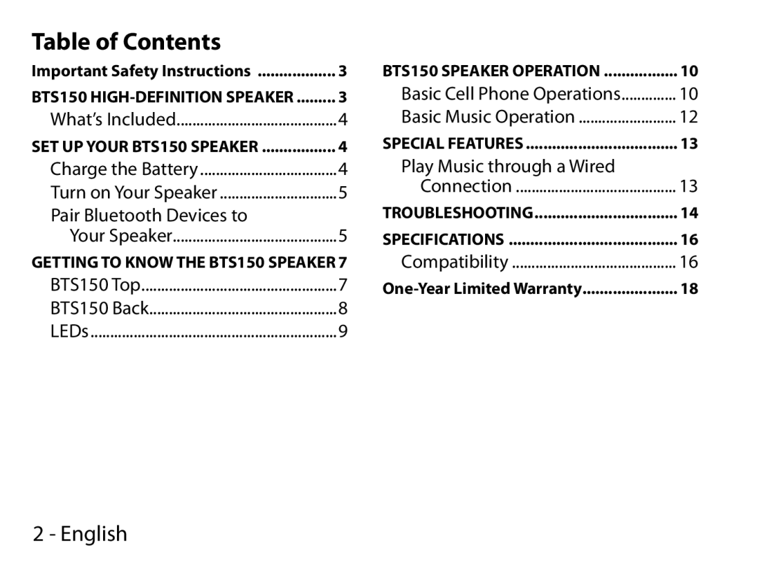 Uniden BTS150 manual Table of Contents 