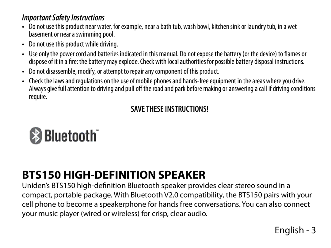 Uniden manual BTS150 HIGH-DEFINITION Speaker, Important Safety Instructions 