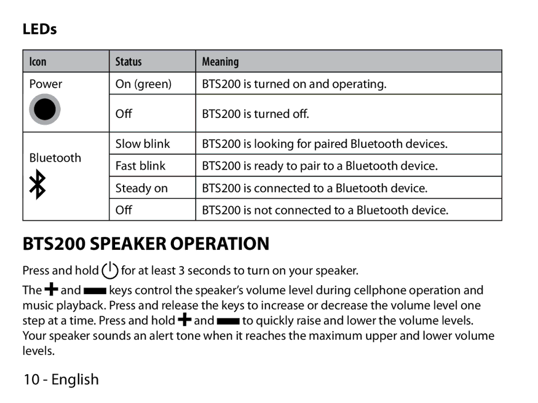 Uniden manual BTS200 Speaker Operation, LEDs, Icon Status Meaning 