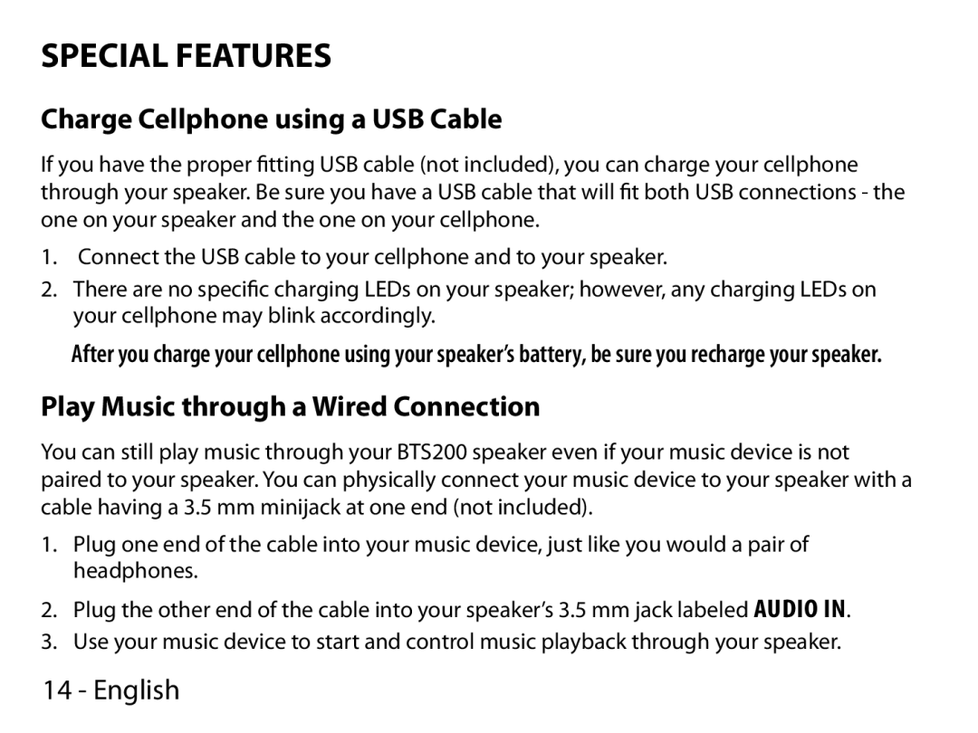 Uniden BTS200 manual Special Features, Charge Cellphone using a USB Cable, Play Music through a Wired Connection 