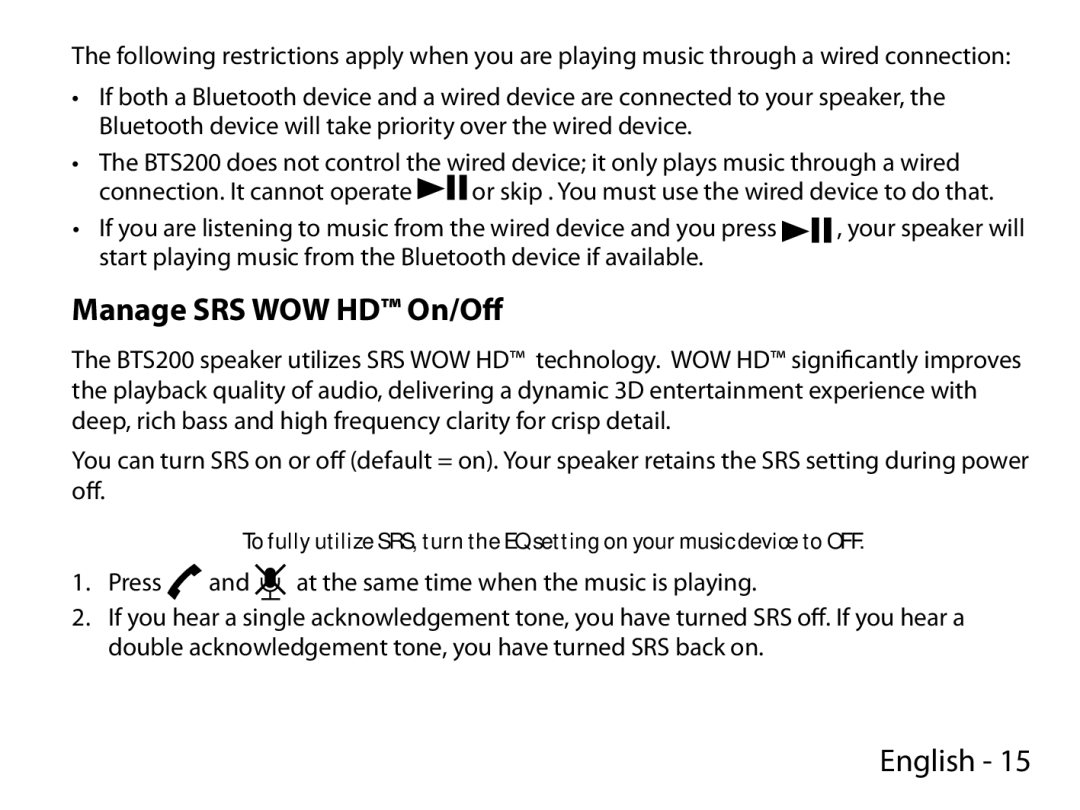 Uniden BTS200 manual Manage SRS WOW HD On/Off 