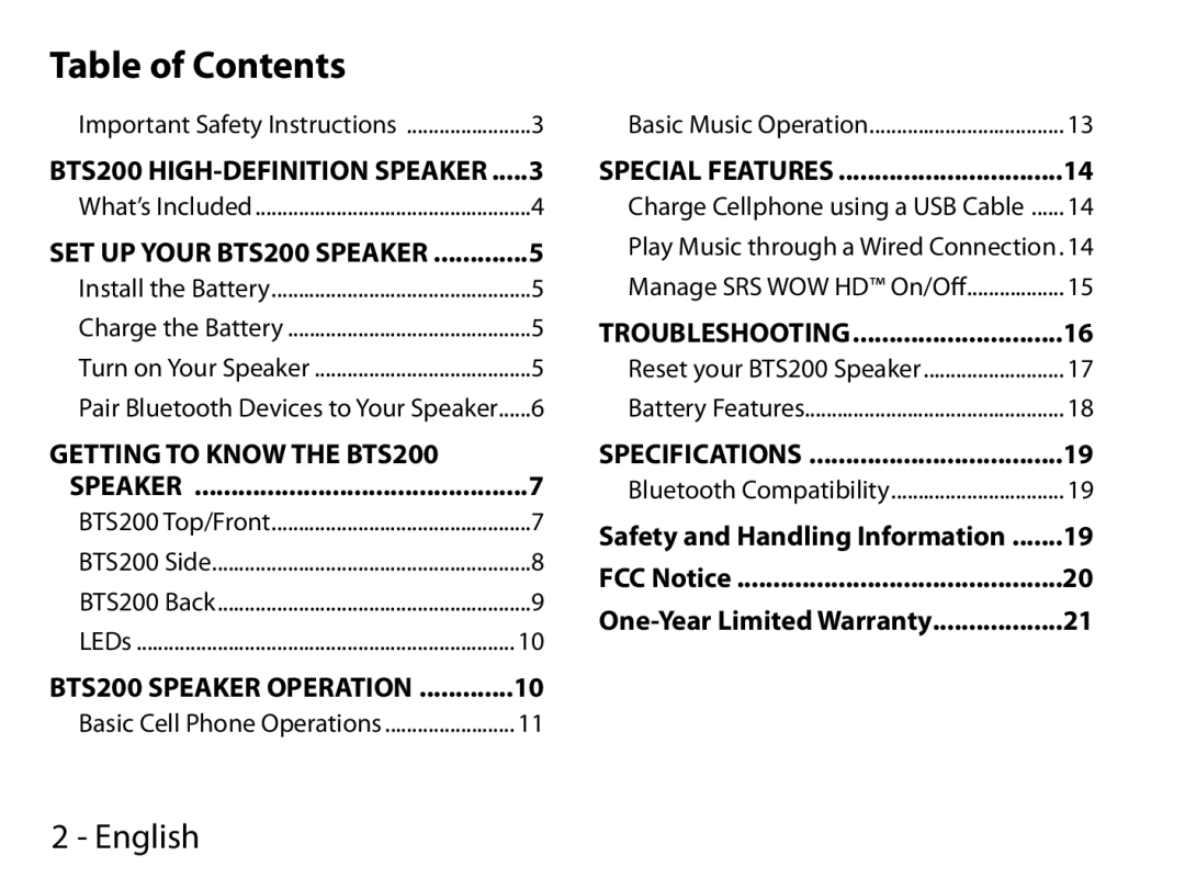 Uniden BTS200 manual Table of Contents 