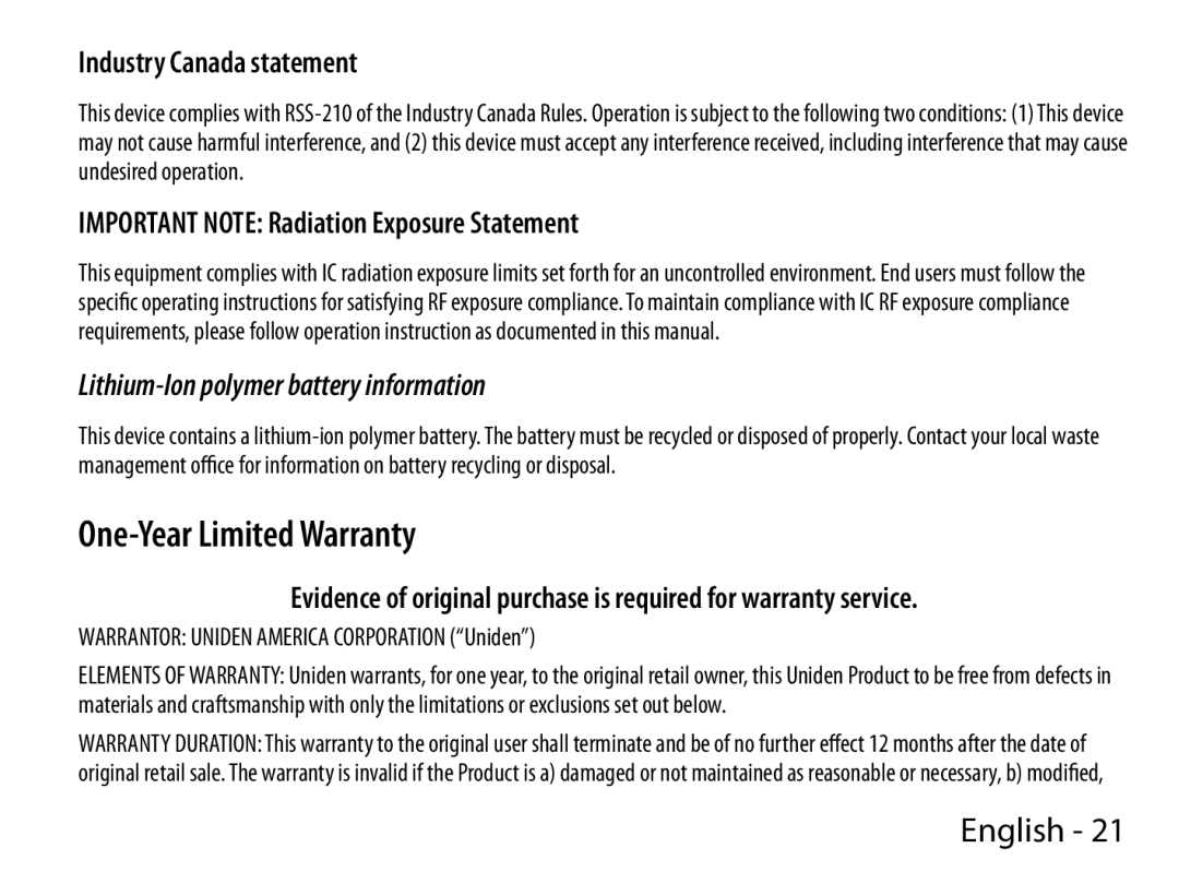 Uniden BTS200 manual Industry Canada statement, Lithium-Ion polymer battery information 