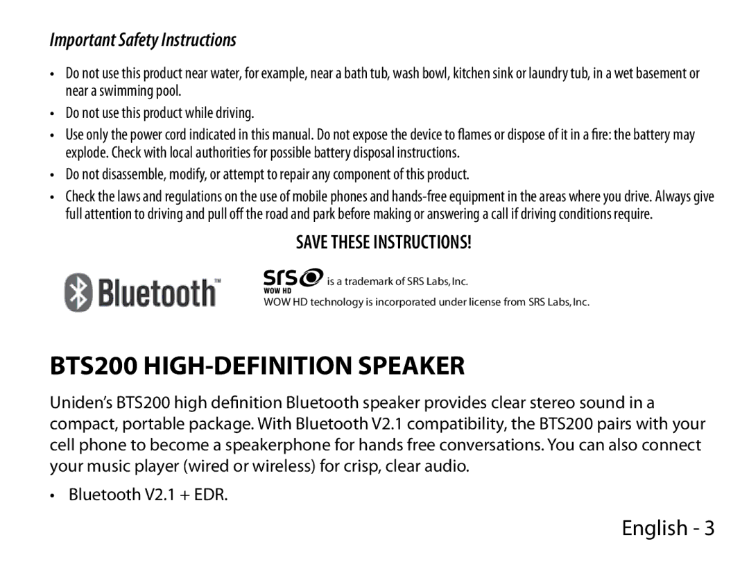 Uniden manual BTS200 HIGH-DEFINITION Speaker, Important Safety Instructions 