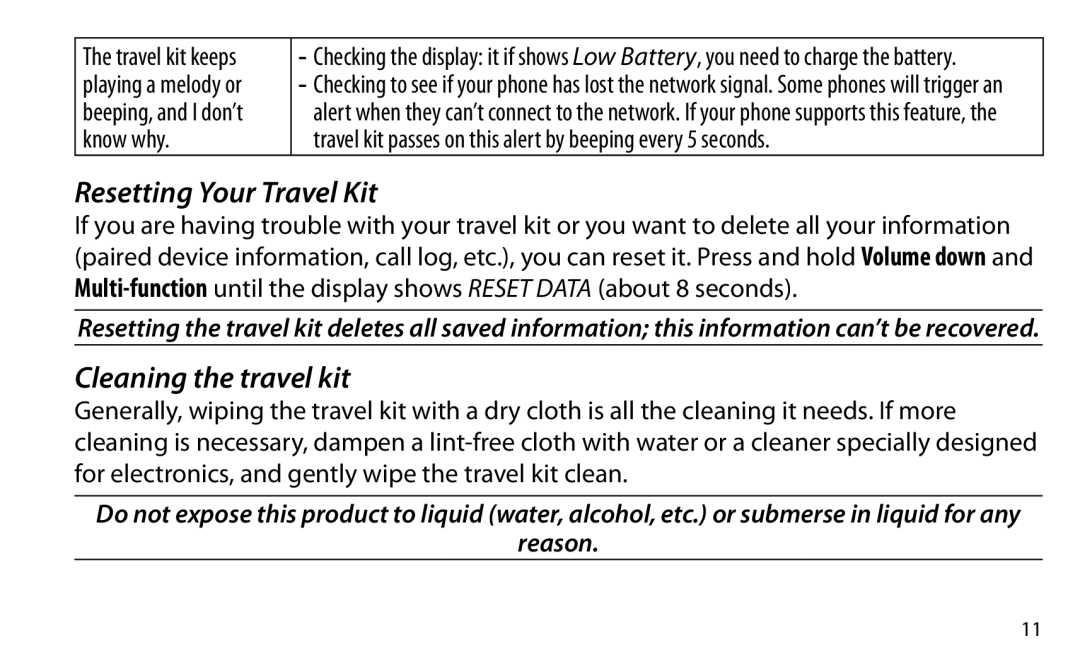 Uniden BTSC1500 manual Resetting Your Travel Kit, Cleaning the travel kit 