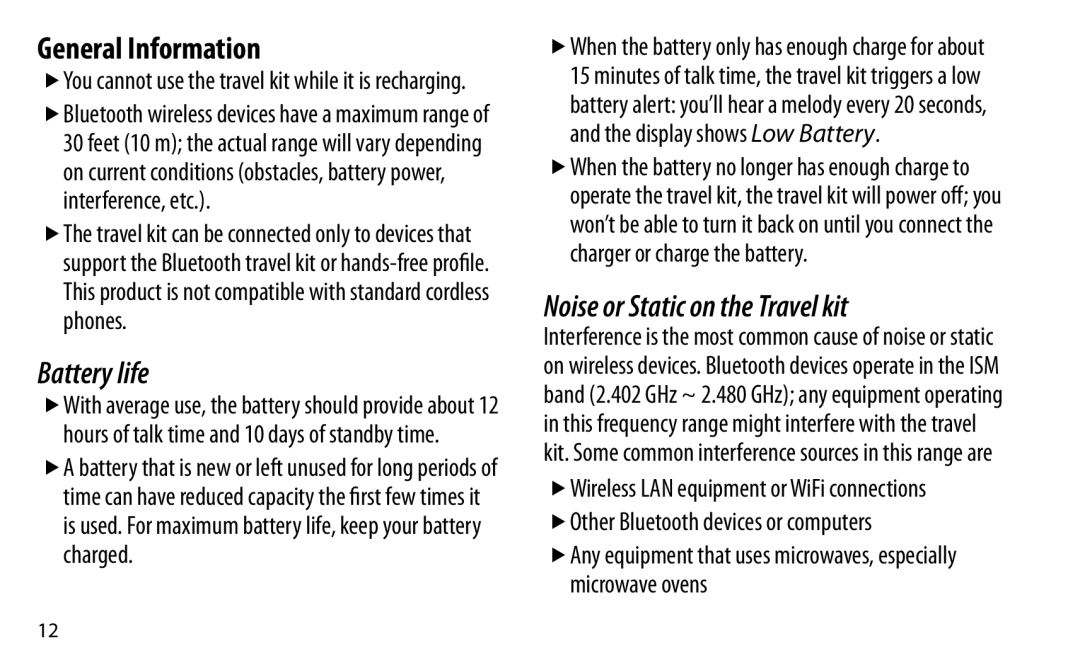 Uniden BTSC1500 manual Other Bluetooth devices or computers, You cannot use the travel kit while it is recharging 