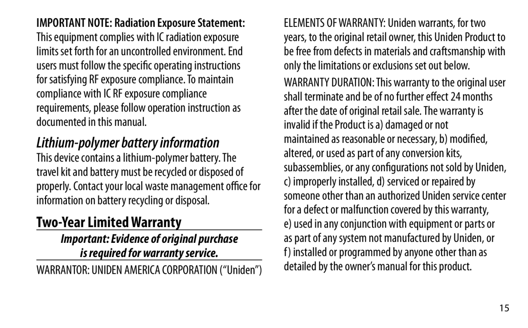 Uniden BTSC1500 manual Two-Year Limited Warranty, Lithium-polymer battery information 