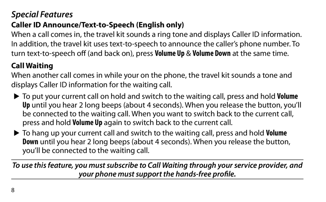 Uniden BTSC1500 manual Special Features, Caller ID Announce/Text-to-Speech English only, Call Waiting 