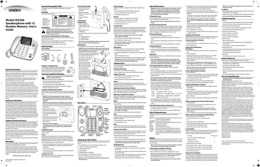 Uniden CEZ260 warranty Important Information, Interference Information, Telephone Network Information, REN Number, Memory 