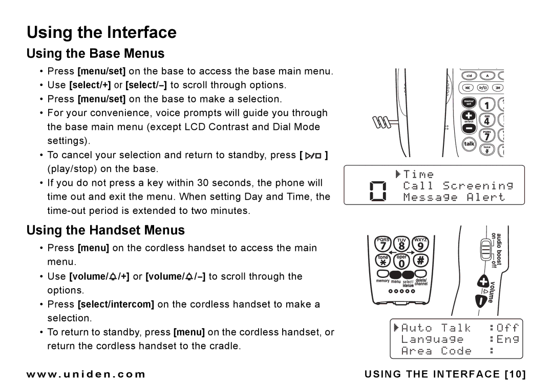 Uniden CEZAI 998 manual Using the Interface, Using the Base Menus, Using the Handset Menus 