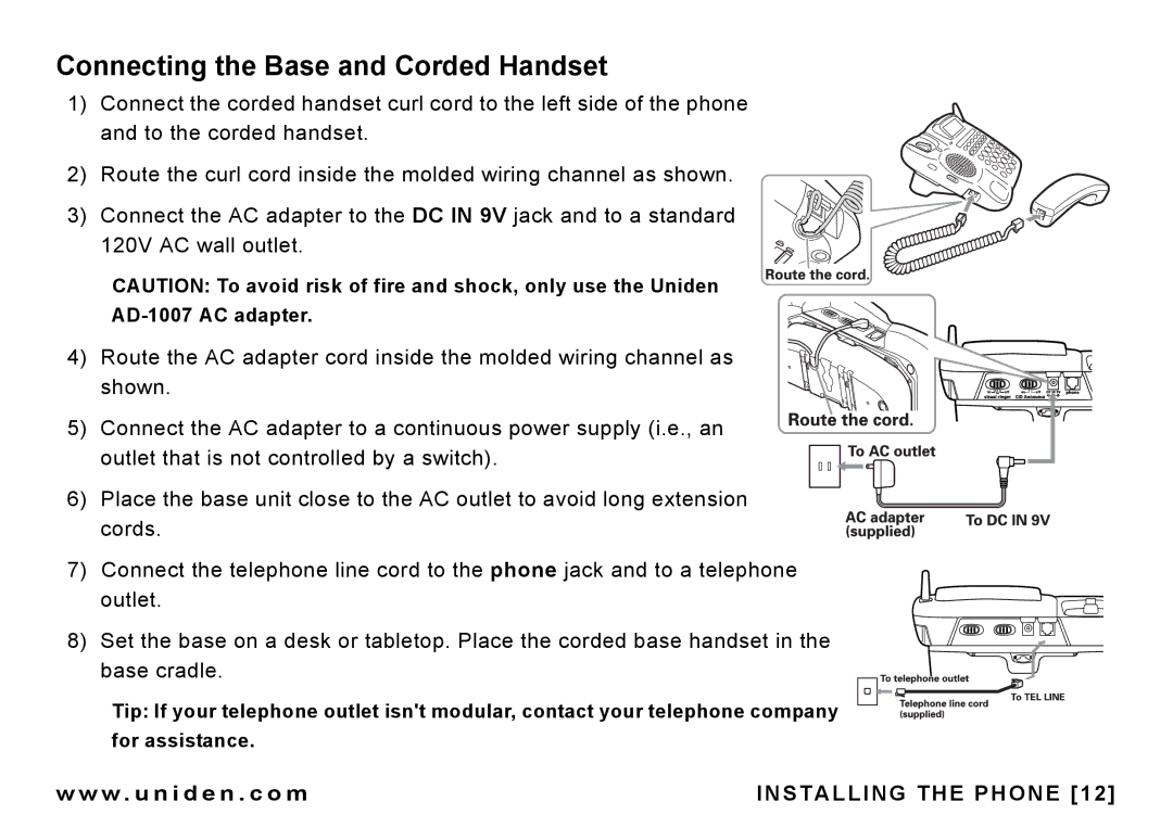 Uniden CEZAI 998 manual Connecting the Base and Corded Handset 