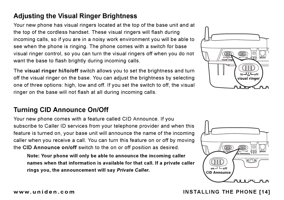 Uniden CEZAI 998 manual Adjusting the Visual Ringer Brightness, Turning CID Announce On/Off 