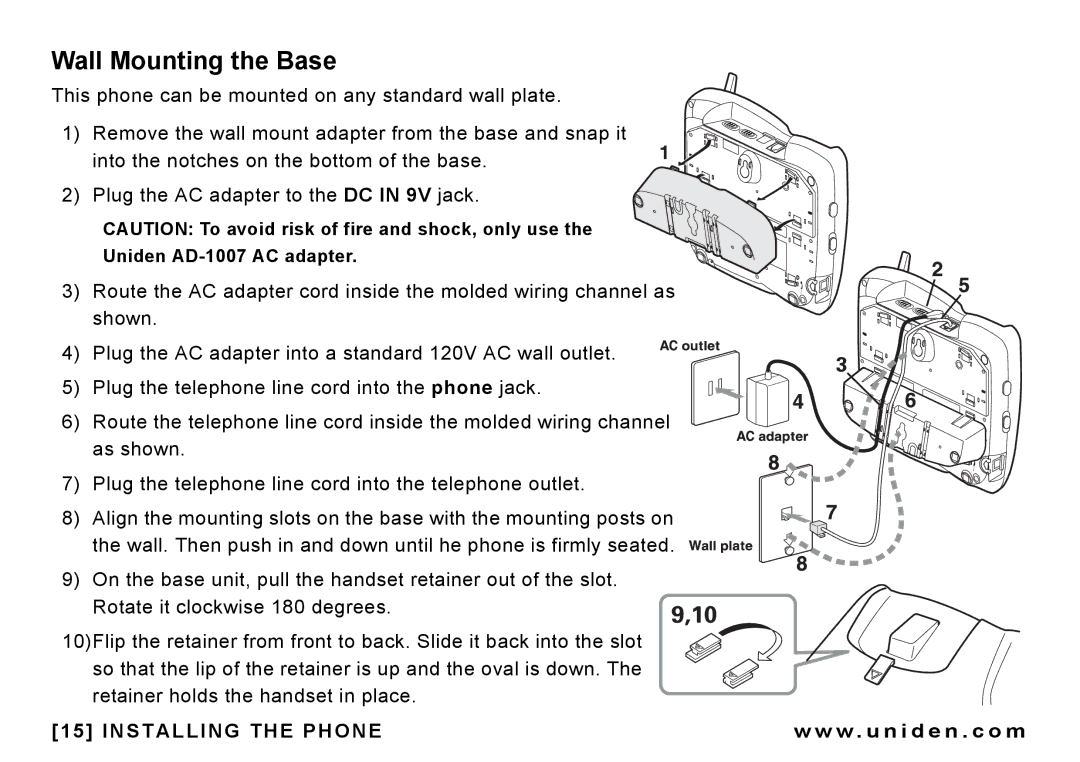 Uniden CEZAI 998 manual Wall Mounting the Base 