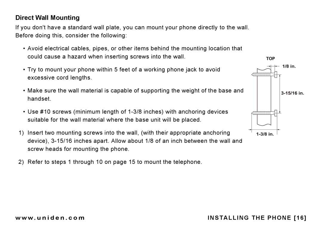 Uniden CEZAI 998 manual Direct Wall Mounting 