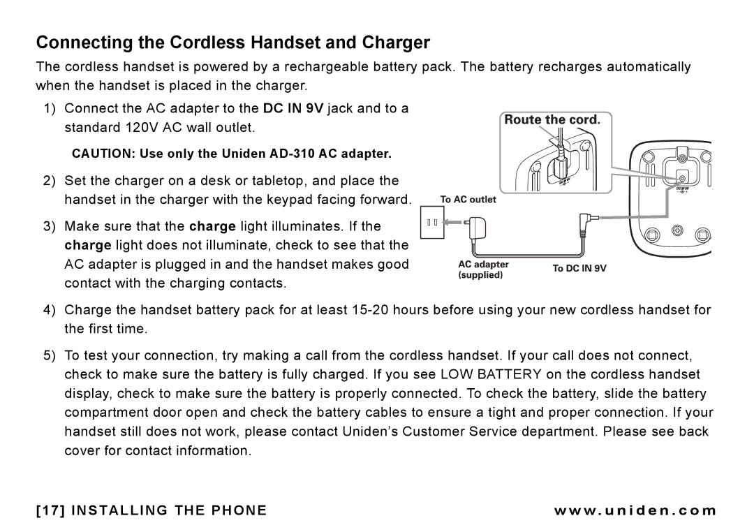 Uniden CEZAI 998 manual Connecting the Cordless Handset and Charger 