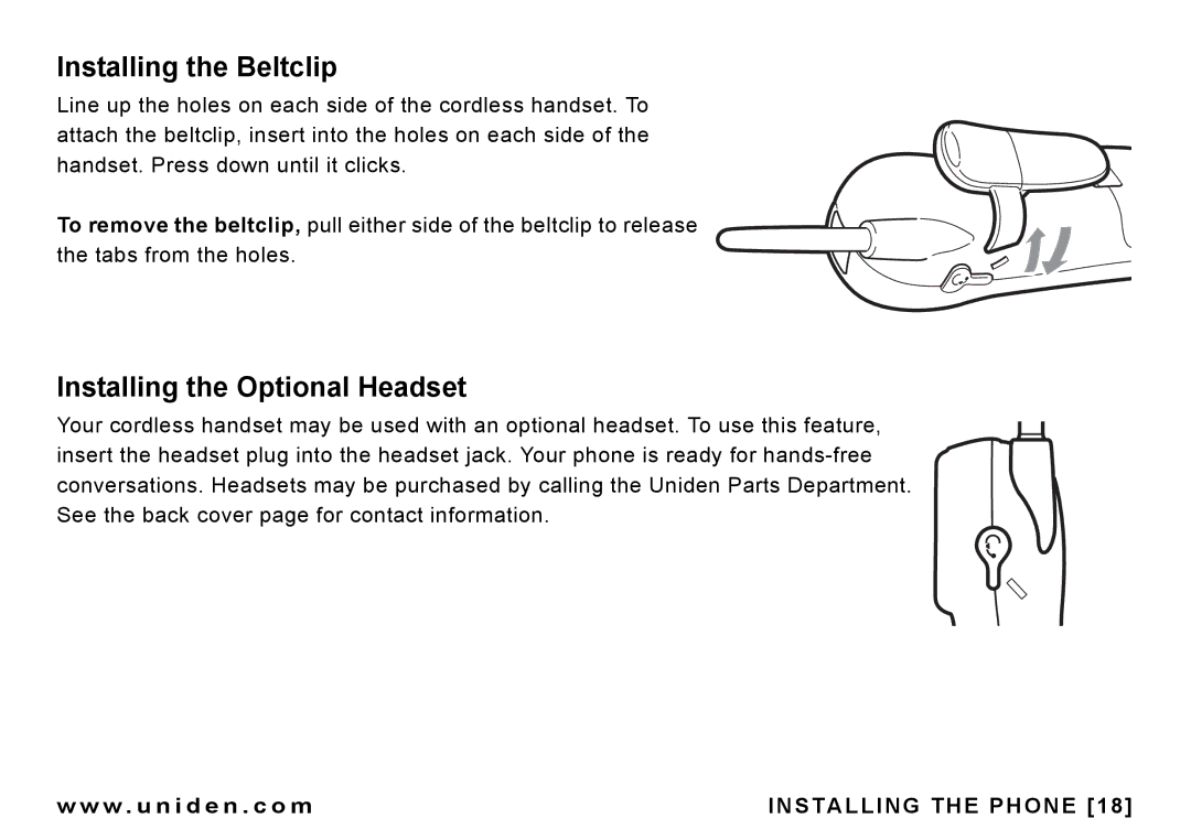 Uniden CEZAI 998 manual Installing the Beltclip, Installing the Optional Headset 