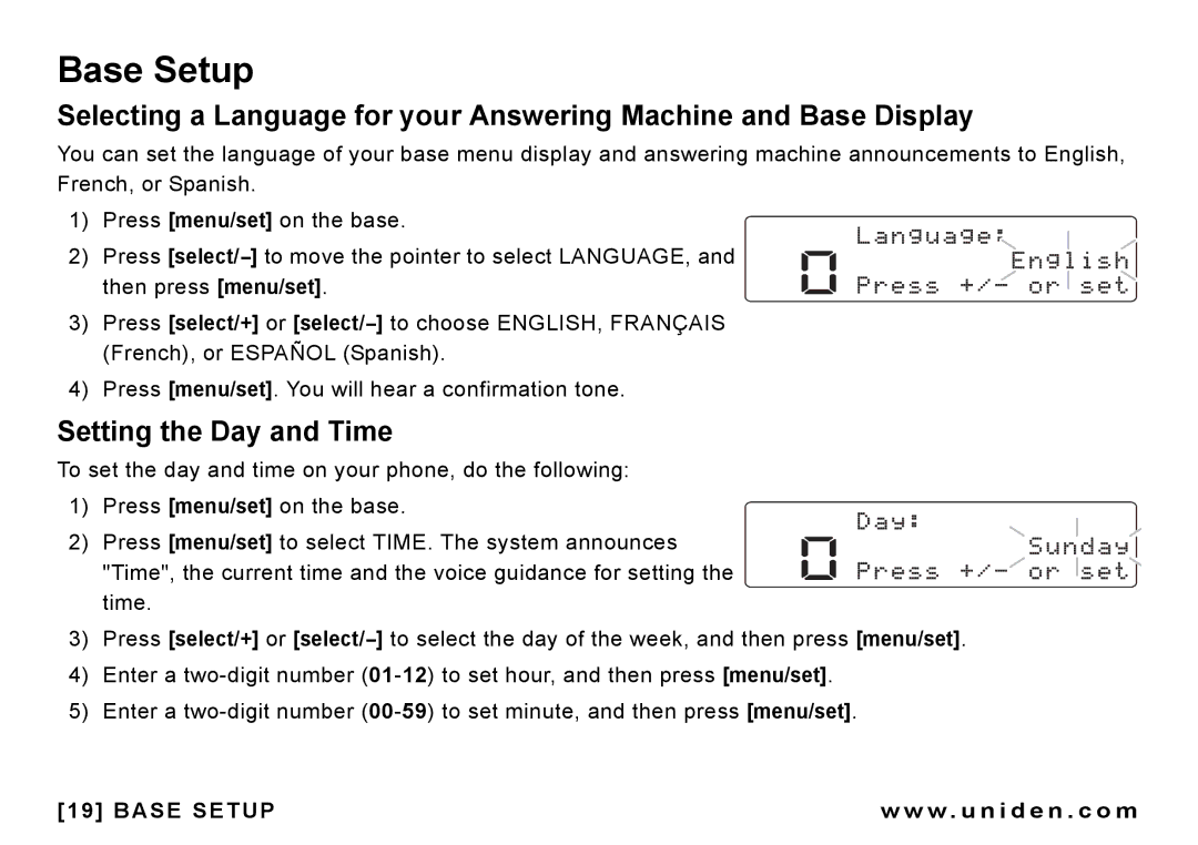 Uniden CEZAI 998 manual Base Setup, Setting the Day and Time 