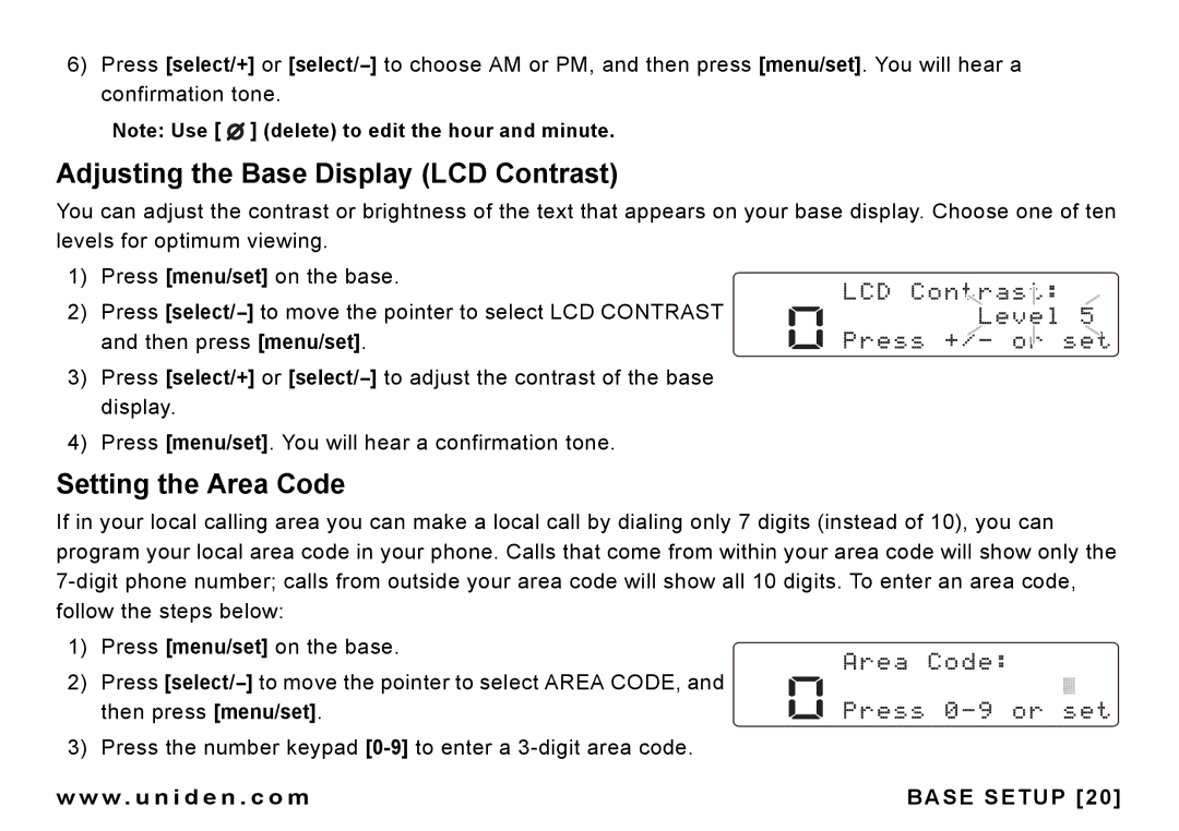 Uniden CEZAI 998 manual Adjusting the Base Display LCD Contrast, Setting the Area Code 