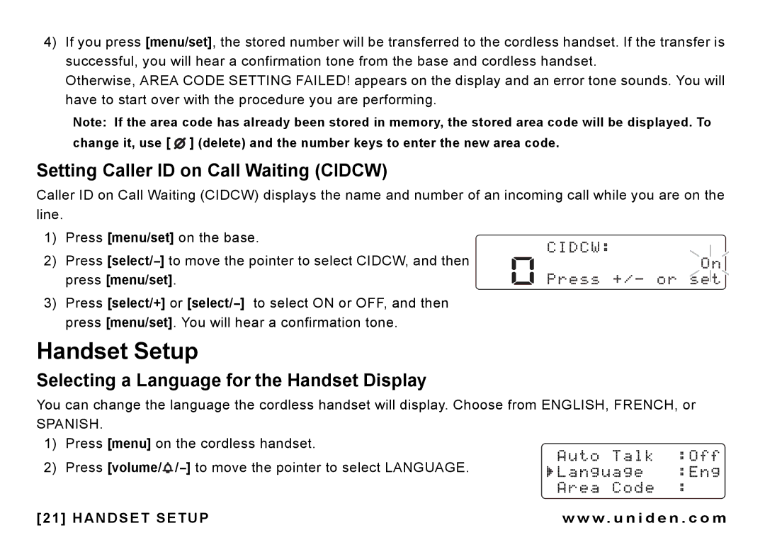 Uniden CEZAI 998 Handset Setup, Setting Caller ID on Call Waiting Cidcw, Selecting a Language for the Handset Display 